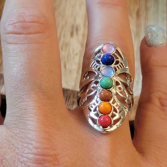 Chakra Silver Tone Cut-Out North-South Ring, adjustable - Picture 3 of 6